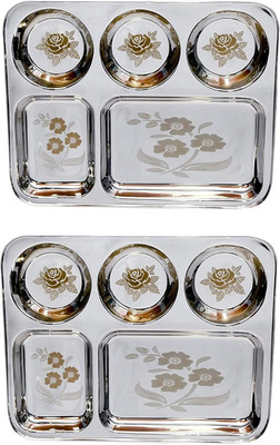 Kapalin BHOJAN THALI SET OF 2 PIECES 5 COMPARTMENTS EACH Sectioned Plate Dinner Plate(Pack of 2, Microwave Safe)
