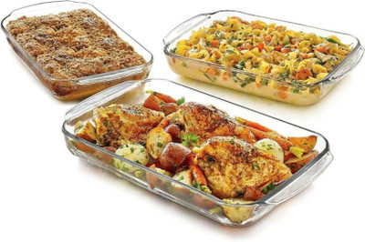SMILERY Borosilicate Baking Dish Rectangular Serving Tray Bowl 1000ML 1600ML2200ML Baking Dish(Pack of 3, Microwave Safe)