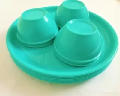 Kanha Pack of 12 Plastic Unbreakable microwave safe round Full Plates with Bowl (Pack of 6 Plates & 6 Bowl Set.- 12 Pieces)  Dinner Set(Green, Microwave Safe)