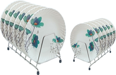 Perfectdine NW_ Plate Floral Green Round /Snack Plate (6 Full Plate+6 Half Plate) Dinner Plate(Pack of 12)