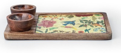 NOHUNT Rectangular Wooden Serving Dish Platter forFood with 2Bowl Set Yellow-10x6inches Tray