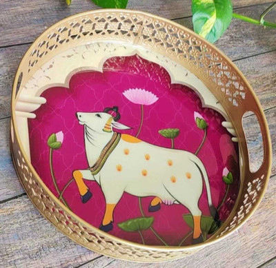 Indian Design Handicrafts Round Tray Set of 2 Cow Pichwai Tray Tray(Pack of 2, Microwave Safe)