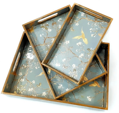 TrayFi Golden Bird Print Wooden Tray Set of 3 Serving Trays/Gift Item Tray(Pack of 3)
