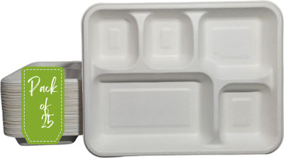 KPAK Sugarcane Bagasse 5 Compartment Meal Tray (5CP) Tray(Pack of 25, Microwave Safe)