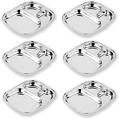 Lyticx Stainless Steel 3 Compartment Pav Bhaji Plate | Lunch Plate Size:- 218X264 mm Dinner Plate(Pack of 6)