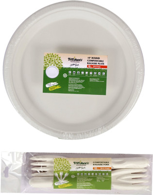 Freshee Bagasse Disposable Set of 20, 10inch Round Plates With Fork Dinner Plate