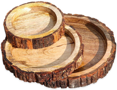 WallVilla Beautiful Wood Table Serving Plates Round Tray(Pack of 3, Microwave Safe)