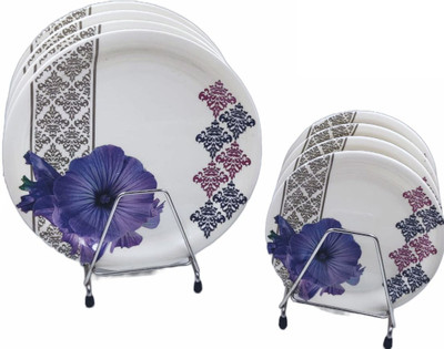 Prefectdine NW_ Plate Blue Flower Printed Round 11 Inch / Snacks Plate Set (4+4) Dinner Plate(Pack of 8)