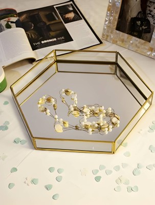 WESTON CHOICE Hexagon Etched Mirror Tray with Metal Rim Mirror Base Vanity Makeup Tray Gold Tray(Microwave Safe)