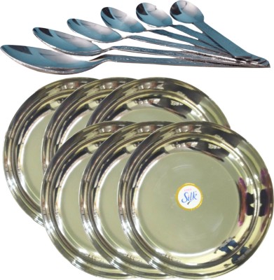 SHINI LIFESTYLE Stainless Steel Dessert Plate Set, Halwa Plate 6pc with spoon set Dinner Plate(Pack of 12)