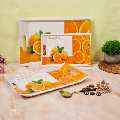 U.P.C. Melamine Lemon Printed White & Yellow Tray For Breakfast & Dinner Serving Villori Series Tray(Pack of 3, Microwave Safe)