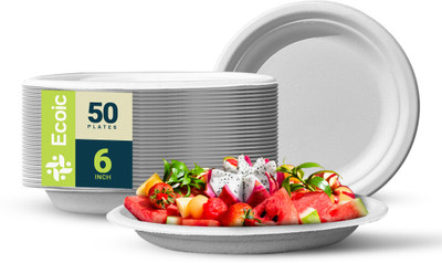 ECOIC Round 6 inch Bagasse plate (15 cm) Dinner Plate(Pack of 50, Microwave Safe)