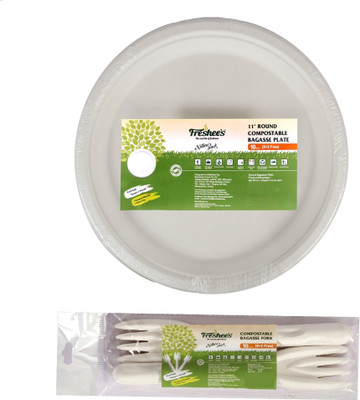 Freshee Set of 20 Bagasse Disposable Plates & Fork, 11inch Round Plates With Fork Dinner Plate