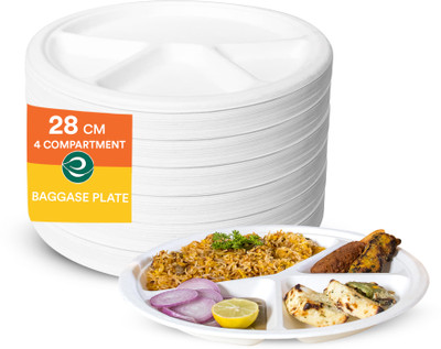 ECO SOUL Round 11 inch 4 Compartments Compostable Bagasse (28 cm) Dinner Plate(Pack of 25, Microwave Safe)