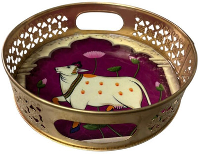 jm international NS CRAFT Red Round Tray – Cow & Lotus Pichwai Metal Enamel Tray