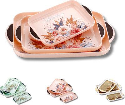 kitch cuT Serving Tray Set of 3 Printed Design Material Glossy Finish Bpa Free Pink Tray(Pack of 3)