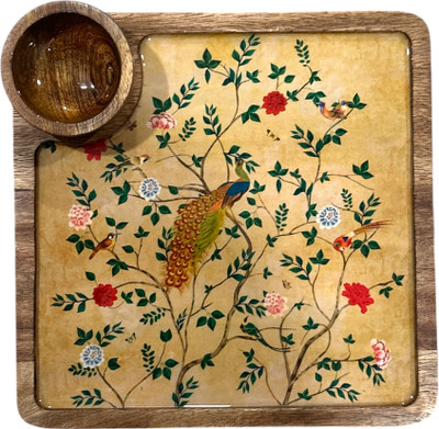 DecorHouse Mangowood Serving Dish Sqaure Platter with 1 Bowl Set Multipurpose Platter Sizzler Tray