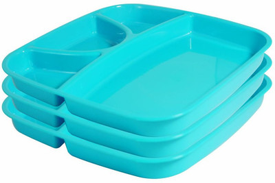 Morvi Plastic Prime Microwave Safe Unbreakable Partition Plates Set, 3 Pcs, Cyan Sectioned Plate(Pack of 3, Microwave Safe)