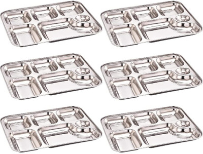 GALOOF Stainless Steel Rectangular Bhojan Thali Set/ 6 Compartment Each Sectioned Plate Sectioned Plate(Pack of 6)