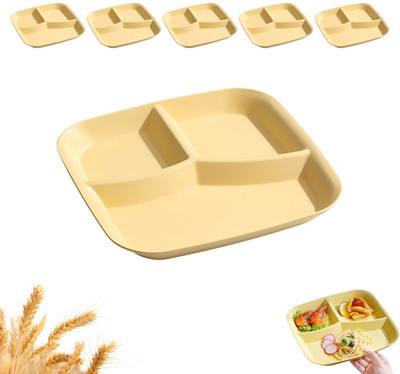 KOOSHLO 6 Pcs Square Divided Wheat Straw Plastic Diet Plates 3 Compartments Unbreakable Sectioned Plate(Pack of 6, Microwave Safe)