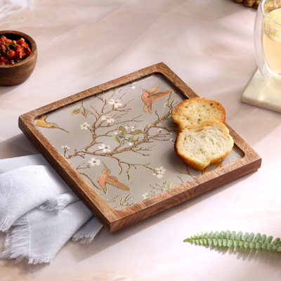 DULI Mangowood Serving Platter with Birds Enamel Coated for Dining Table 8x8 Inches Tray