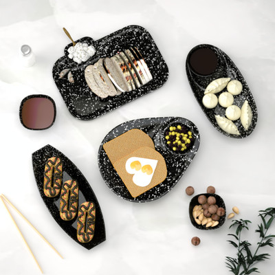 Castleite Islewight Melamin Plates Set with Bowls for Serving Snacks, Marble Black, Chip & Dip Tray(Pack of 6)
