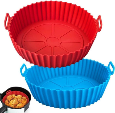 jaswanthstor Air Fryer Liners I Round Silicone Basket Baking Tray I Pot with Ear Handles Tray(Pack of 2, Microwave Safe)