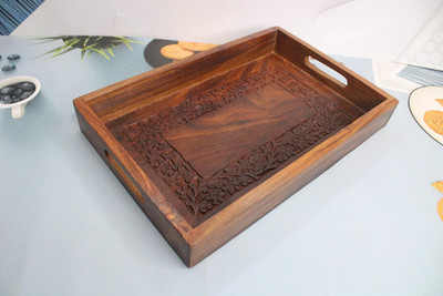 TFS Sheesham Wood Rectangle Shape Carving work Serving Tray for Tea, Coffee, Snacks Tray