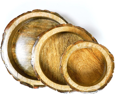 jaismin world Mango Wood Handmade Round Wooden Serving Tray Set of 3 Tray(Pack of 3)