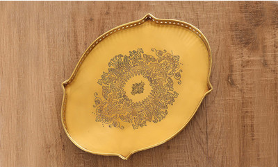 INDIAN ART VILLA Brass Matt Finished Embossed Design Decorative Oval Shape Designer Tray Tray