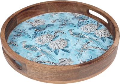 SAAGA Mango Wood Peony Round Tray for Dining Table & Home Kitchen, Serving Tray 12In Tray