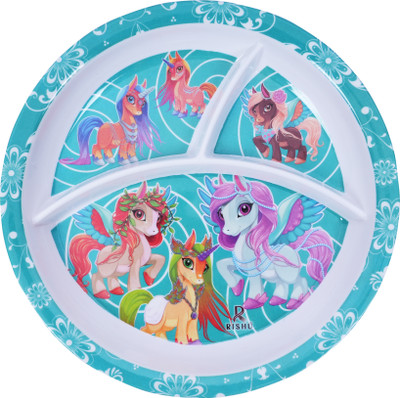Vishika Store Unicorn Printed Melamine Kids Round Plate 3 Sectioned Plate(Microwave Safe)