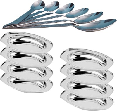 SHINI LIFESTYLE Stainless Steel Oval Plate, Subzi Plate,Chat Plate 8pc with Table spoon set Dinner Plate(Pack of 16)