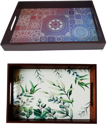 Angira handicrafts Wooden tray set of 2 with UV print|Serving Tray|Multipurpose Tray|AHS-T1872 Tray(Pack of 2)