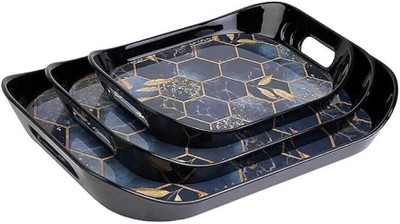 JUICIQ Serving Tray Set of 3 | Black & Gold Designs | Durable & Stylish Tray(Pack of 3)