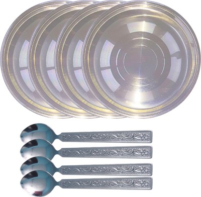 SHINI LIFESTYLE Steel Laser Halva Plates,Breakfast Plates,Quarter Plate 4pc with spoon set Dinner Plate(Pack of 4)
