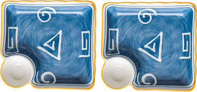 Nestasia White And Blue Spiral Nitori Ceramic Set of 2 Square Plate with Dip Section, Chip & Dip Tray(Pack of 2, Microwave Safe)