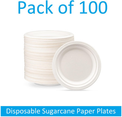 Sauran Eco-Friendly Disposable Sugarcane Paper Plates (DGP1.71) Half Plate(Pack of 100, Microwave Safe)