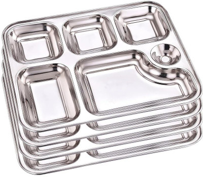 NARV Pack of 4 Stainless Steel 6 Compartments Plates Set for Lunch/Dinner/Kids Thali - Extra Deep Mess Tray K0 Dinner Set(Silver, Microwave Safe)
