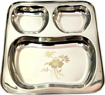 Sonanshi Stainless-Steel Flower Print Apple Shape Katori 3 in 1 Divided BhojanThali Dinner Plate