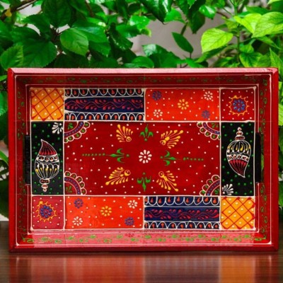 Swadeshi Blessings Wooden Tray for Serving- Handcrafted & Hand-Painted, (Single Tray) Red Tray