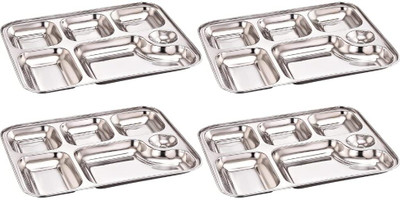 GALOOF Stainless Steel Rectangular Bhojan Thali Set/ 6 Compartment Each Sectioned Plate Sectioned Plate(Pack of 4)