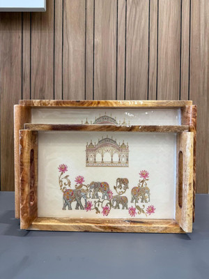 TrendSlay Handcrafted Wooden Serving Tray Decorative Indian Elephant Design Tray(Pack of 2)