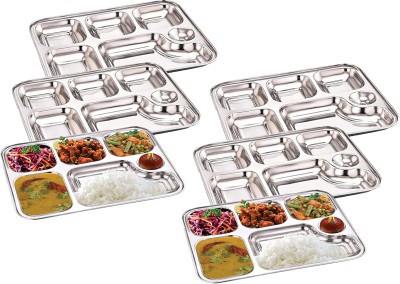 NARV Pack of 6 Stainless Steel Bhojan Thali 6 Sections Divided Mess Tray for Lunch, Events & Every Day Use K1 Dinner Set(Silver, Microwave Safe)