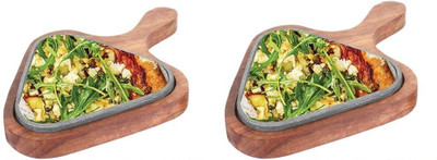 Alluring Homz Triangle Shape Cast Iron Sizzler Plate Wooden Base with Handle Sizzler Tray(Pack of 2, Microwave Safe)