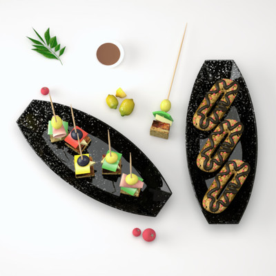 Castleite Orleans Melamin Plates Set for Serving Snacks at Home, Marble Black, Sizzler Tray(Pack of 2)