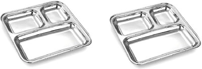 Dynore Stainless Steel 3 in 1 Pav Bhaji/ Partition Plate/ Snacks Plate- Set of 2 Sectioned Plate(Pack of 2)
