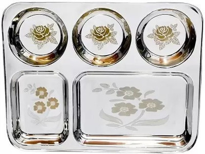 MUKTIDAYA ENTERPRISES Stainless steel heavy duty laser print bhojan thali 5x1 Pack of -1 Sectioned Plate(Microwave Safe)