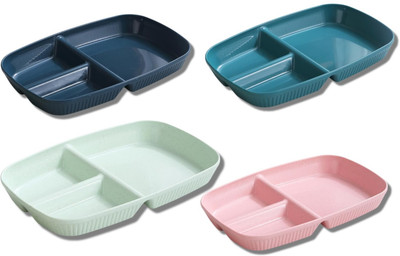 openZest Wheat Straw Plates 3 Compartments, Reusable Portion Control Plates 26.5cm(4Pcs) Sectioned Plate(Pack of 4, Microwave Safe)