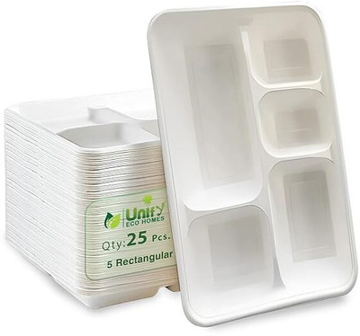 UNIFY 5-Compartment, Disposable Meal Tray | Eco-Friendly Biodegradable |Party, Wedding Dinner Plate(Pack of 25, Microwave Safe)